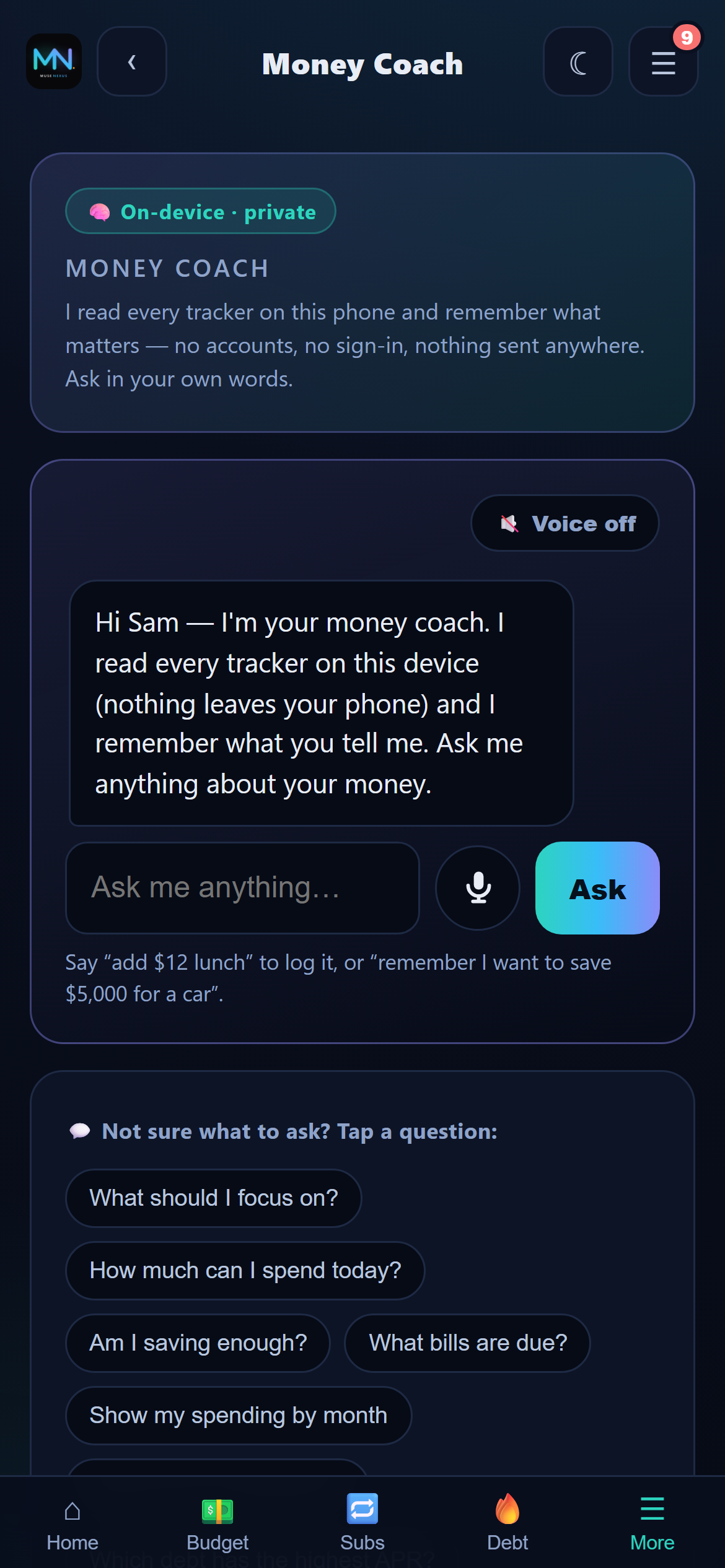 On-device money coach