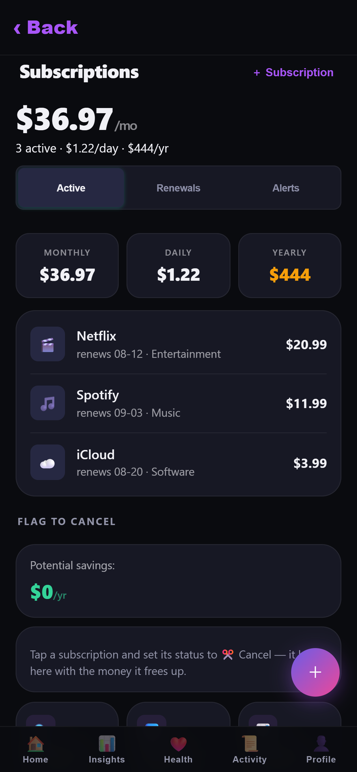 Subscriptions screen